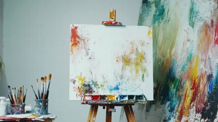 Poster - Creative workspace filled with colorful paint palettes brushes and an easel ready for artistic expression in a vibrant studio. Generative AI