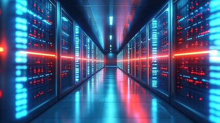 High-tech data center with rows of powerful server machines, a futuristic and high-end design, blue lighting creating an atmosphere of advanced technology