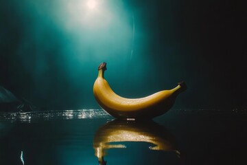 Poster - A Vibrant Banana Reflection on a Smooth Surface Surrounded by Mystical Fog and Soft Light Creating an Atmospheric Mood and Evocative Composition