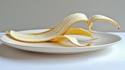 Poster - An artistic arrangement of banana peels delicately positioned on a simple white plate, showcasing their unique shapes and textures against a minimalist background.