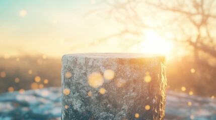 Wall Mural - a stone pedestal stands alone, bathed in golden sunlight as the day transitions to evening, creating