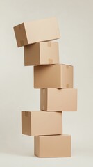 Aufkleber - Six levitating cardboard boxes precariously balanced against a minimalist white backdrop, symbolizing instability and defying gravity in packaging and delivery concepts