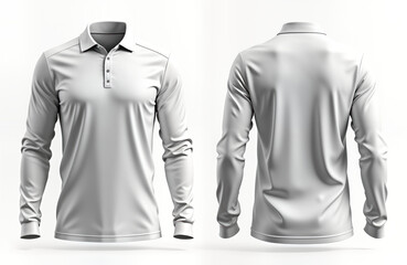 Full design white long sleeve polo shirt. Blank polo shirt, no logos branding. Long sleeves, collared shirt design. Visible buttons, design details on collared polo shirt. Suitable for variety of