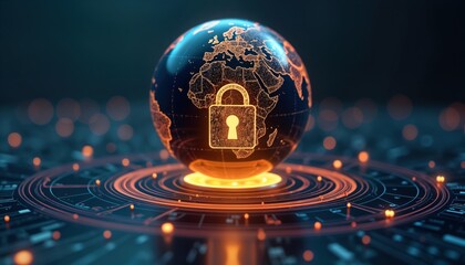 Aufkleber - globe shows global digital protection. padlock on earth sphere. tech concept. dark background. cyber