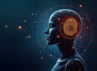 Fototapete - Abstract illustration of futuristic person with glowing fingerprint on head. Person appears digital AI. Tech concept for biometric identification, security, access control. Modern design highlights