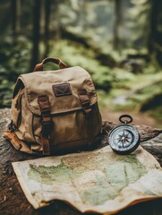 Aufkleber - Exploring the wilderness with a backpack, compass, and map under the forest canopy. Generative AI