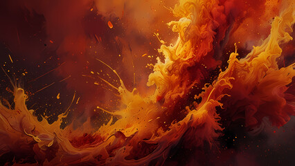 Wall Mural - A bold abstract background showing the aftermath of an explosive shake. Bright, fiery tones of red, orange, and gold radiate outward in chaotic, angular patterns, blending with swirling smoke