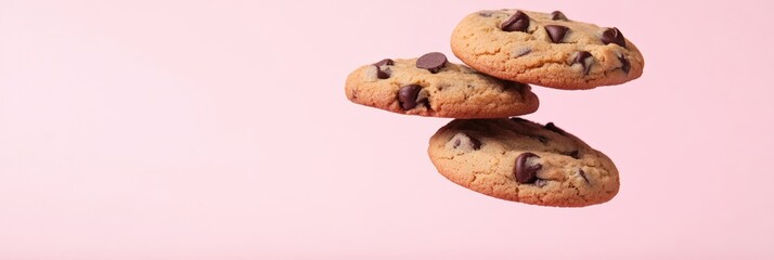 Aufkleber - Three mouthwatering chocolate chip cookies levitating against a vibrant pink backdrop, creating an enticing and visually striking image perfect for dessert lovers and food enthusiasts