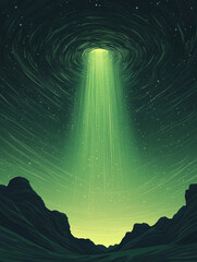 Poster - Celestial Beam:  A mesmerizing digital art depicting a vibrant green beam of light emanating from a swirling vortex in the night sky, casting an ethereal glow over a desolate landscape. 