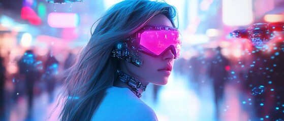 Wall Mural - Cyberpunk woman in neon city, future tech