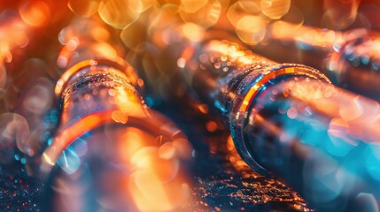Poster - A stack of shiny metal pipes shines with reflections and textures under vibrant lighting, highlighting their industrial elegance and design