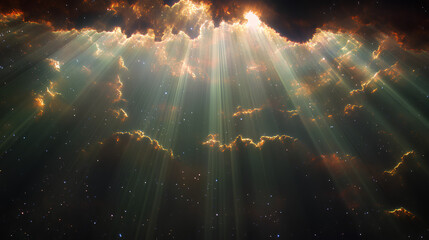 Wall Mural - mesmerizing scene of a sparkling cosmic field illuminated by beams of light, glittering particles re
