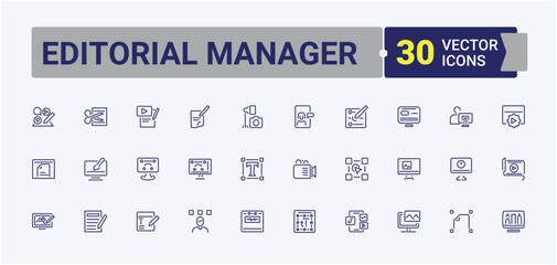 Fototapete - Editorial Manager linear icon collection. Featuring internet, social, element, note, interface, tool, media and more. Pixel perfect. Editable stroke. Vector illustration.