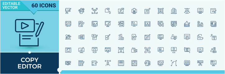 Fototapete - Copy Editor lined icons set. Contains such icons as write, button, graphic, computer, cut, edit and more. Thin linear style icons. Editable stroke. Vector illustration.