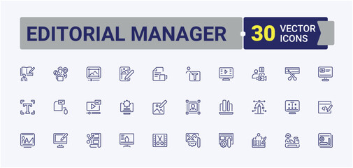 Fototapete - Editorial Manager linear icon collection. Featuring internet, social, element, note, interface, tool, media and more. Pixel perfect. Editable stroke. Vector illustration.