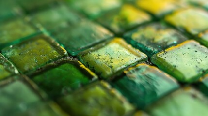 Poster - Close-up view captures the unique texture and colors of green glass tiles, creating a visually striking pattern filled with varying hues