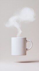 Poster - Floating in mid air, a clean white mug releases a gentle wisp of aromatic steam against a soft beige backdrop, creating a tranquil and minimalist atmosphere perfect for relaxation