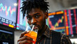 © SusDmi - Portrait focused african american trader drinking energy drink near screens with data index chart stock market, with white tones