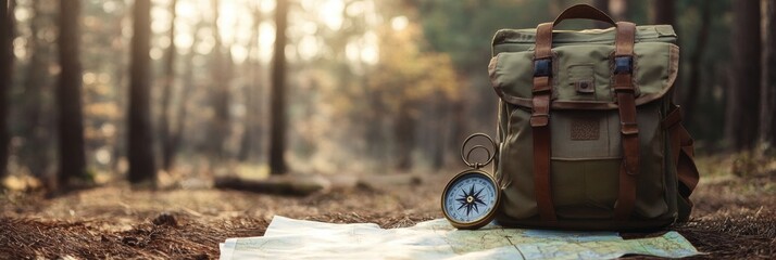 Poster - Exploring the wilderness with a backpack, compass, and map in a serene forest setting. Generative AI