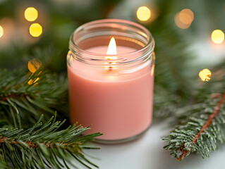 Poster - Pink candle with pine branches and holiday lights for festive decor