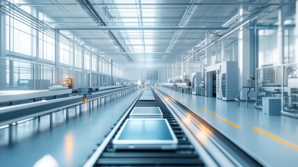 Poster - modern factory interior with automated conveyor belt and electronic devices production