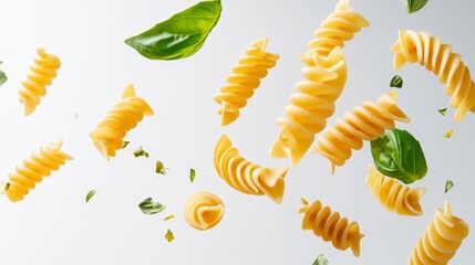 Aufkleber - Several pieces of fusilli pasta and basil leaves are levitating on a white background, creating a dynamic and appetizing scene perfect for food related projects