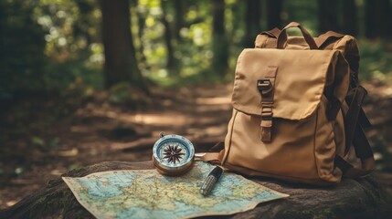 Poster - Exploring the forest with a backpack, compass, and map on a wooden surface in bright natural light. Generative AI