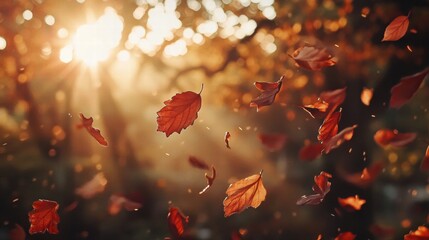 Poster - Colorful autumn leaves gracefully falling in a serene forest during golden hour lighting. Generative AI