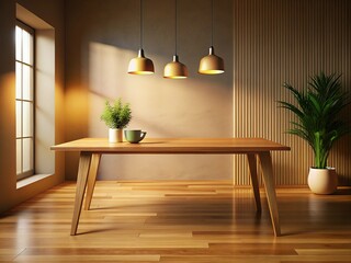 Wall Mural - Modern Minimalist Wooden Table, Soft Light, Interior Design Stock Photo