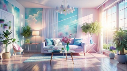 Wall Mural - Pastel Minimalist Bedroom Interior Double Exposure Stock Photo - Dreamy Soft Colors & Light