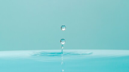 Poster - Two water droplets falling and creating ripples on a turquoise water surface, with a matching turquoise background, creating a serene and minimalist composition