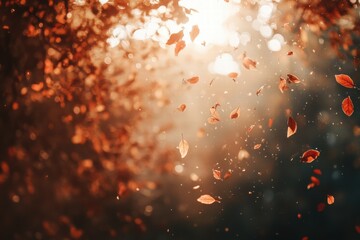 Poster - Autumn leaves gracefully falling in a vibrant forest filled with warm sunlight and serene atmosphere. Generative AI