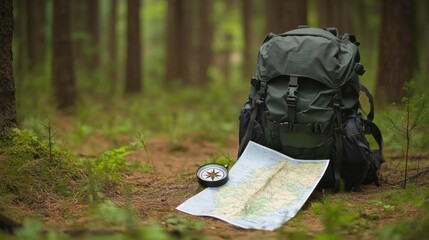 Aufkleber - Exploring nature with a backpack, map, and compass in a lush forest setting during daylight. Generative AI