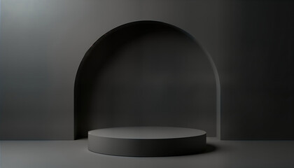 Aufkleber - Empty dark grey circular podium on studio setting. Modern design template for advertising product object. Blank platform for presentation in minimalist style. Dark grey walls create dramatic backdrop