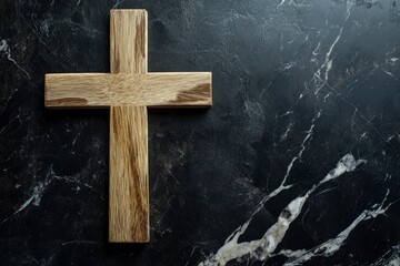 Easter wooden cross on black marble background religion abstract palm sunday concept 