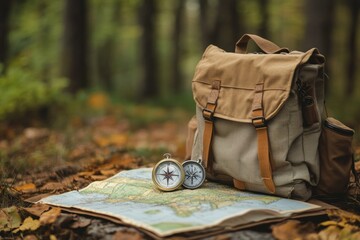 Poster - Discover nature with a backpack, compass, and map in a serene forest setting during autumn. Generative AI