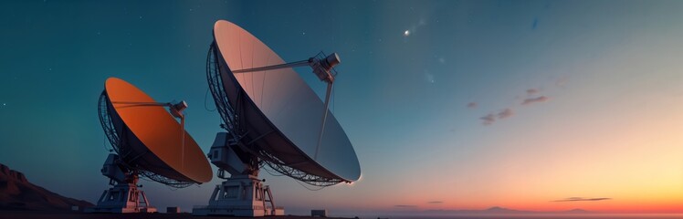 large satellite dishes stand tall against twilight sky. dishes capture signals from space. positione