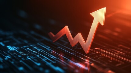 Aufkleber - Glowing red arrow pointing upward, representing growth and success, overlays a futuristic circuit board adorned with blue lights, symbolizing financial progress and market potential