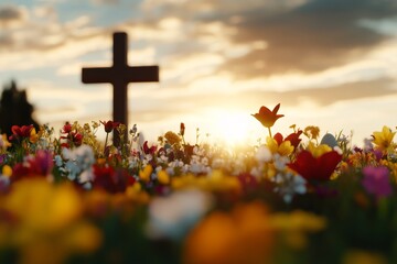 Colorful flowers in a meadow with a wooden cross at sunset during Easter celebrations