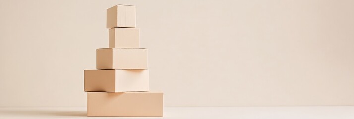 Aufkleber - Five cardboard boxes of different sizes are stacked creating a pyramid shape, levitating on a beige background with copy space, ideal for delivery and packaging concepts