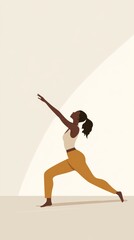 Poster - Minimalist flat illustration representing a young black woman practicing a yoga pose, stretching her body and training mindfulness, on a neutral background with copy space