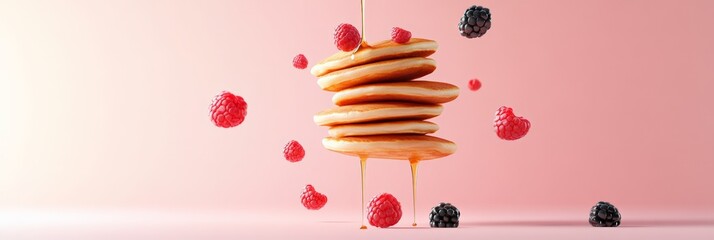 Aufkleber - Stack of pancakes is levitating in the air with syrup dripping and fresh raspberries and blackberries floating around on a pink background, creating a visually appealing and delicious scene