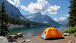 © Bondariev Volodymyr. - Camping with a tent in the mountains on a lake with a view of beautiful mountains.
