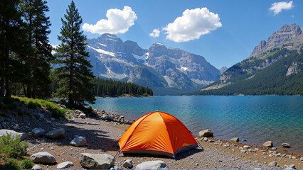 Wall Mural - camping with a tent in the mountains on a lake with a view of beautiful mountains.