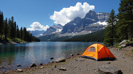 camping with a tent in the mountains on a lake with a view of beautiful mountains.