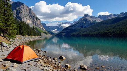 Wall Mural - camping with a tent in the mountains on a lake with a view of beautiful mountains.