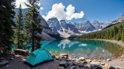 Wall Mural - camping with a tent in the mountains on a lake with a view of beautiful mountains.