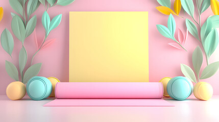 Poster - A vibrant pastel scene featuring a yellow square surrounded by colorful decorations and foliage, creating a cheerful backdrop