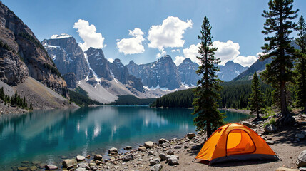 Wall Mural - camping with a tent in the mountains on a lake with a view of beautiful mountains.