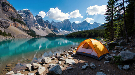 camping with a tent in the mountains on a lake with a view of beautiful mountains.